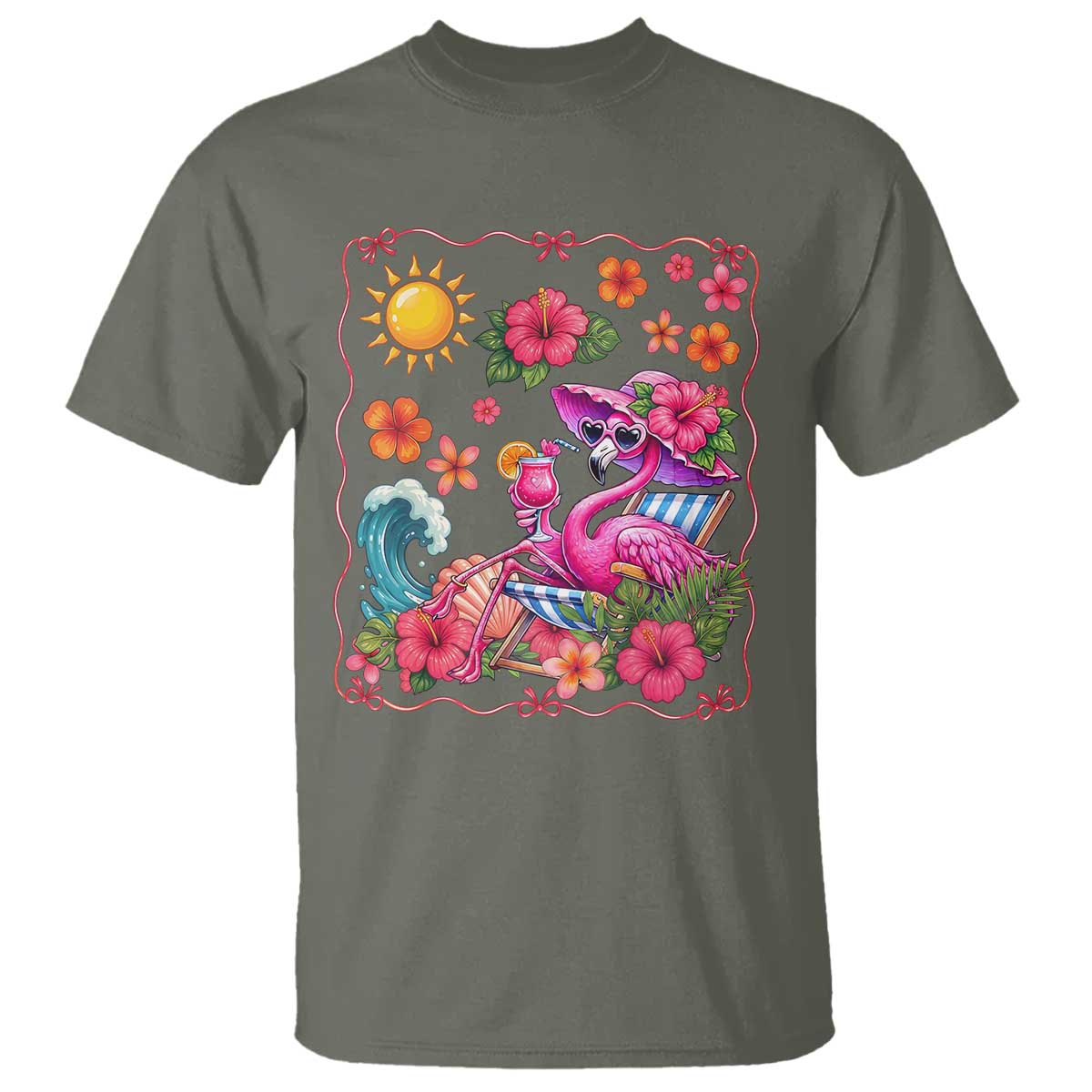 Funny Flamingo Tropical Floral Summer Vacation Graphic T Shirt TS12 Military Green Print Your Wear