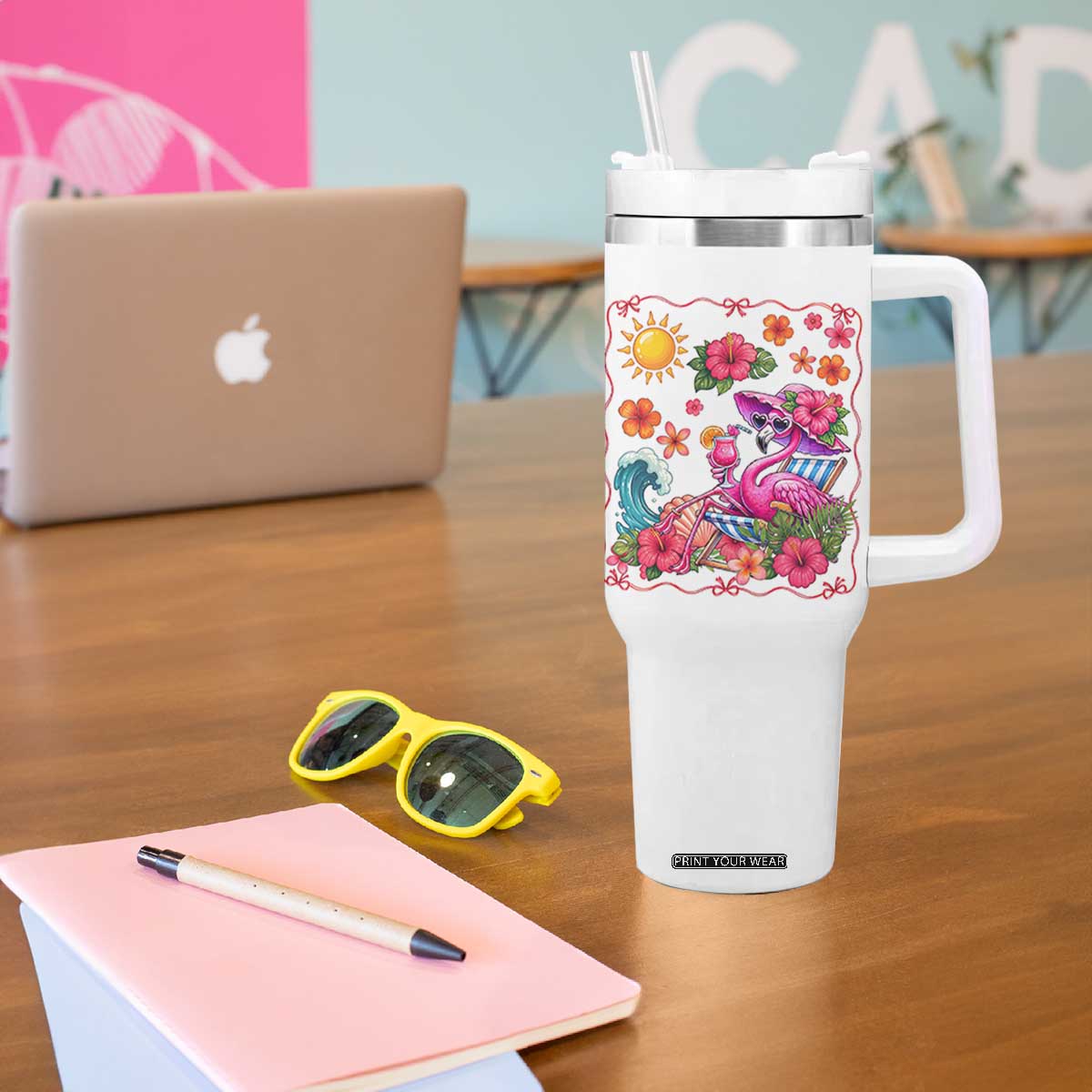 Funny Flamingo Tropical Floral Summer Vacation Graphic Tumbler With Handle TS12 Print Your Wear