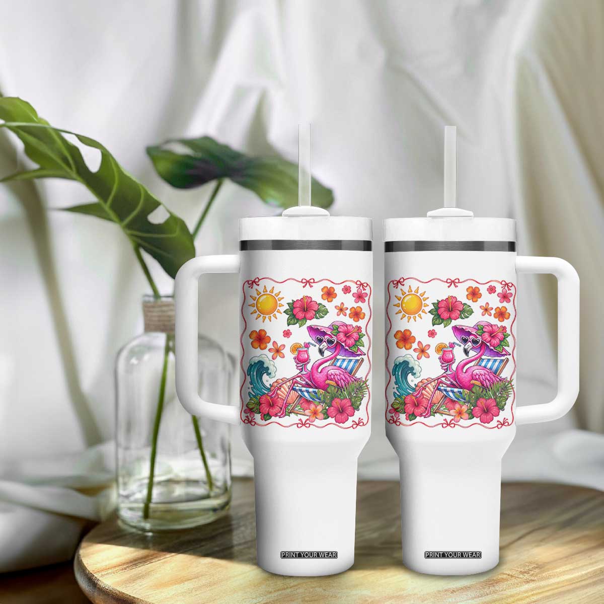 Funny Flamingo Tropical Floral Summer Vacation Graphic Tumbler With Handle TS12 Print Your Wear