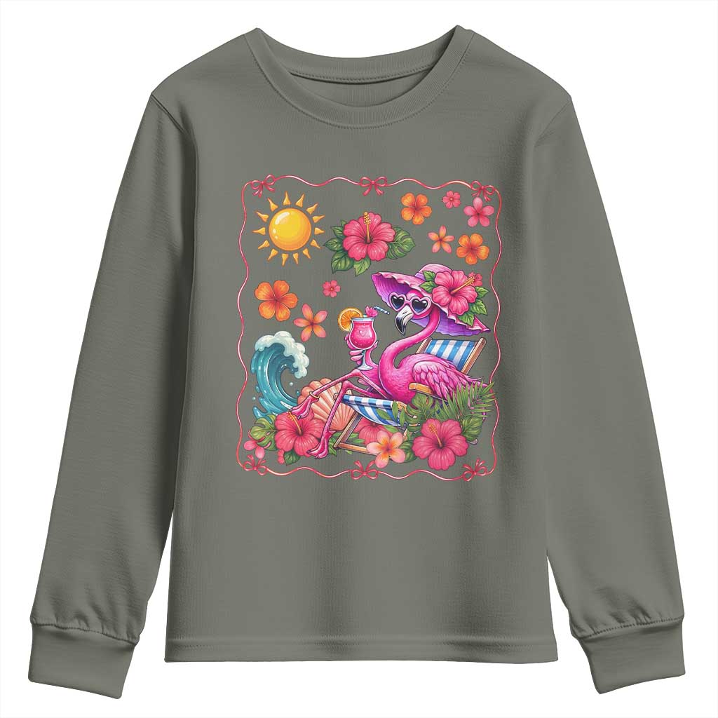 Funny Flamingo Tropical Floral Summer Vacation Graphic Youth Sweatshirt TS12 Military Green Print Your Wear