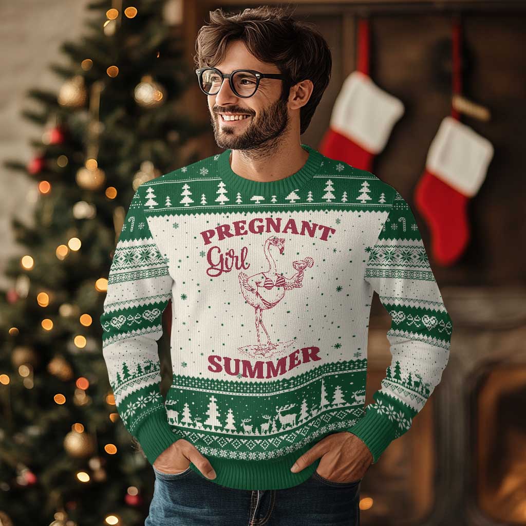 Flamingo Pregnancy Announcement Ugly Christmas Sweater Summer Beach Mom To Be Gift TS12 Beige Green Print Your Wear