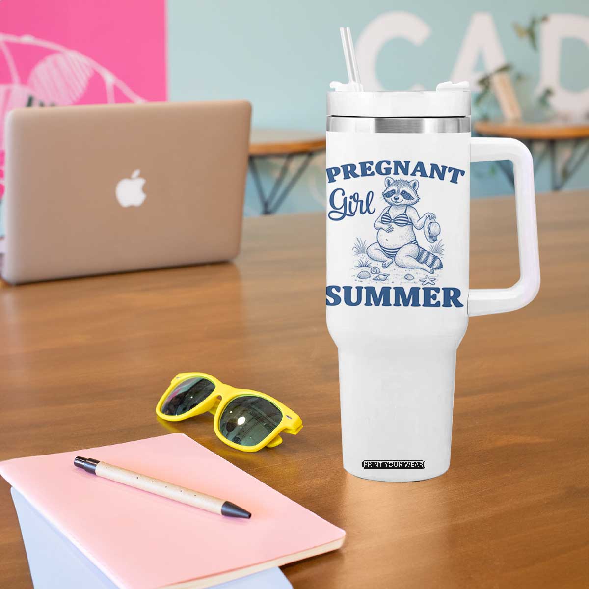 Raccoon Pregnancy Announcement Tumbler With Handle Summer Beach Mom To Be Gift TS12 Print Your Wear