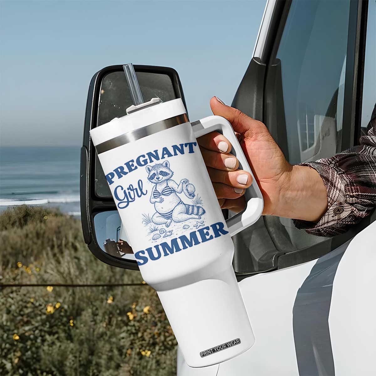 Raccoon Pregnancy Announcement Tumbler With Handle Summer Beach Mom To Be Gift TS12 Print Your Wear