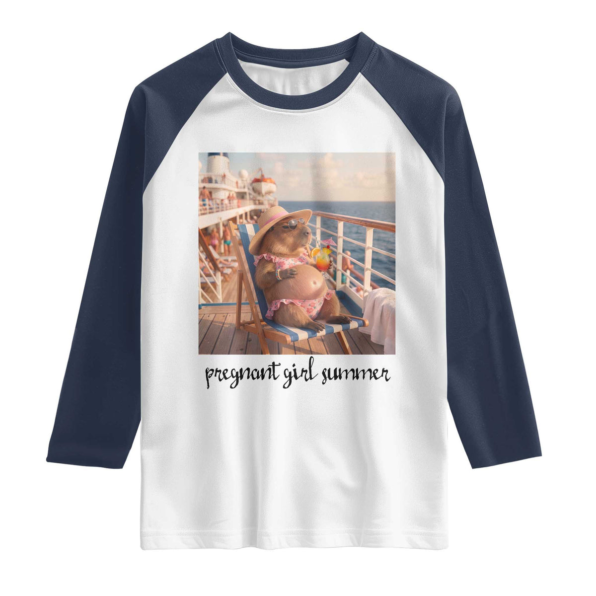 Summer Capybara Pregnancy Raglan Shirt Baby Announcement Gift TS12 White Navy Print Your Wear