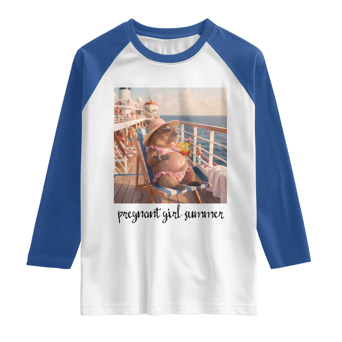 Summer Capybara Pregnancy Raglan Shirt Baby Announcement Gift TS12 White Royal Print Your Wear
