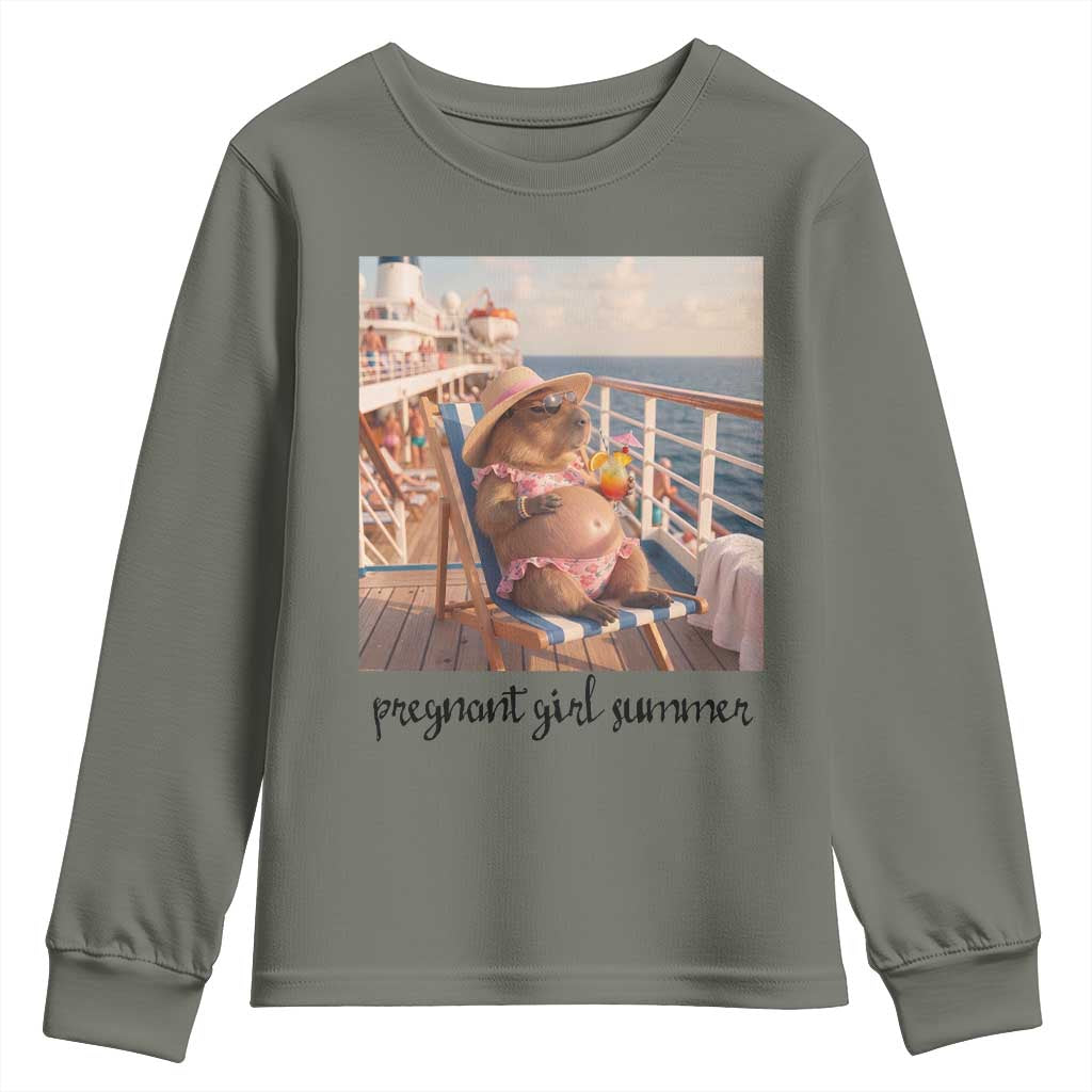 Summer Capybara Pregnancy Youth Sweatshirt Baby Announcement Gift TS12 Military Green Print Your Wear
