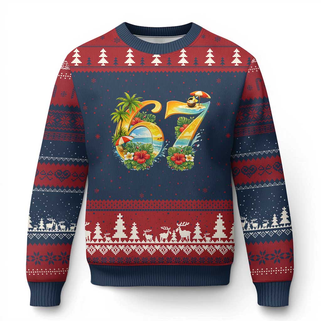 Hawaii Six Seven Ugly Christmas Sweater Tropical Hibiscus Vacation Graphic TS12 Navy Red Print Your Wear