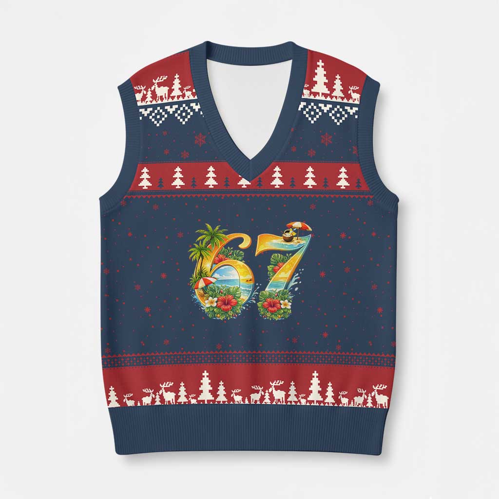 Hawaii Six Seven V-Neck Knit Sweater Vest Tropical Hibiscus Vacation Graphic TS12 Navy Red Print Your Wear
