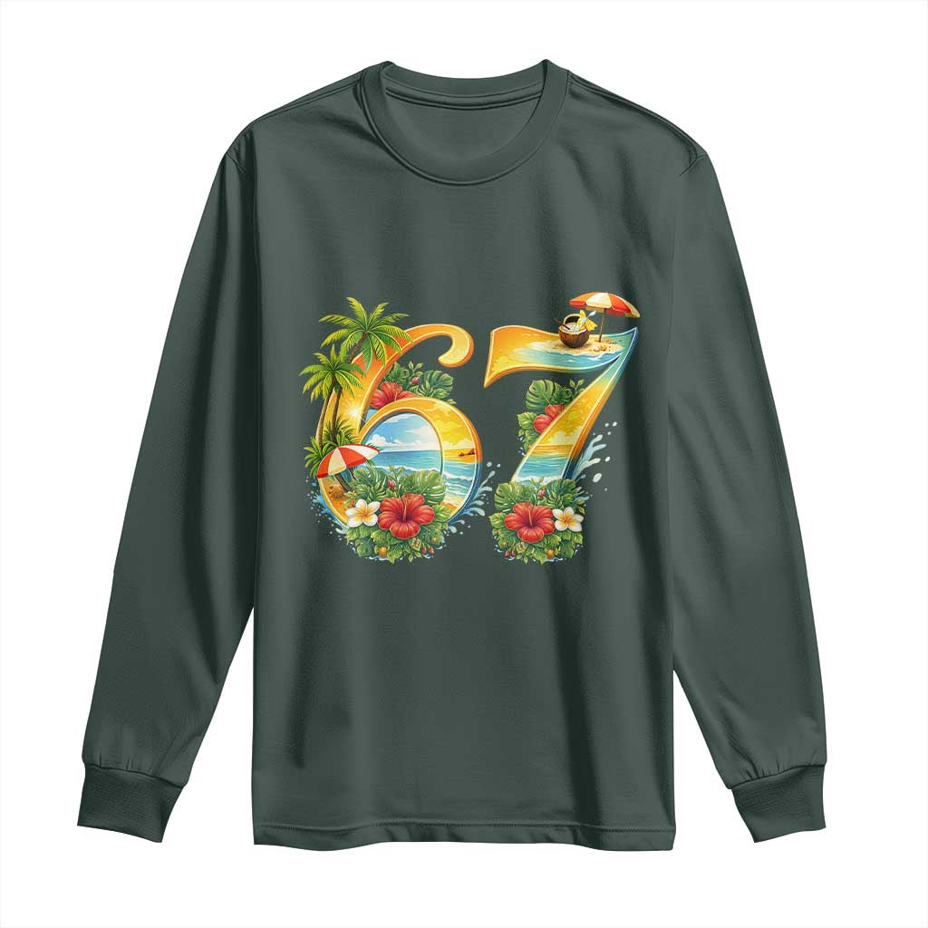 Hawaii Six Seven Long Sleeve Shirt Tropical Hibiscus Vacation Graphic TS12 Dark Forest Green Print Your Wear