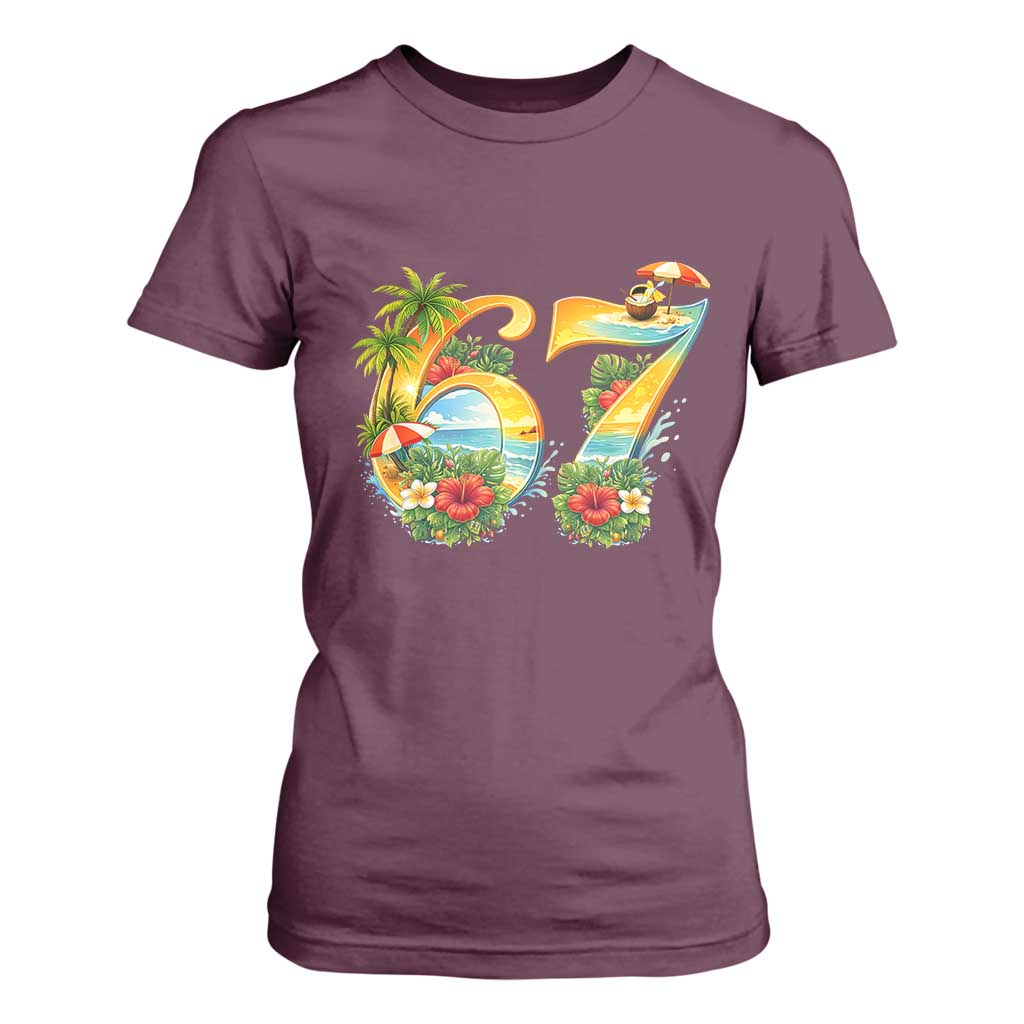 Hawaii Six Seven T Shirt For Women Tropical Hibiscus Vacation Graphic TS12 Maroon Print Your Wear