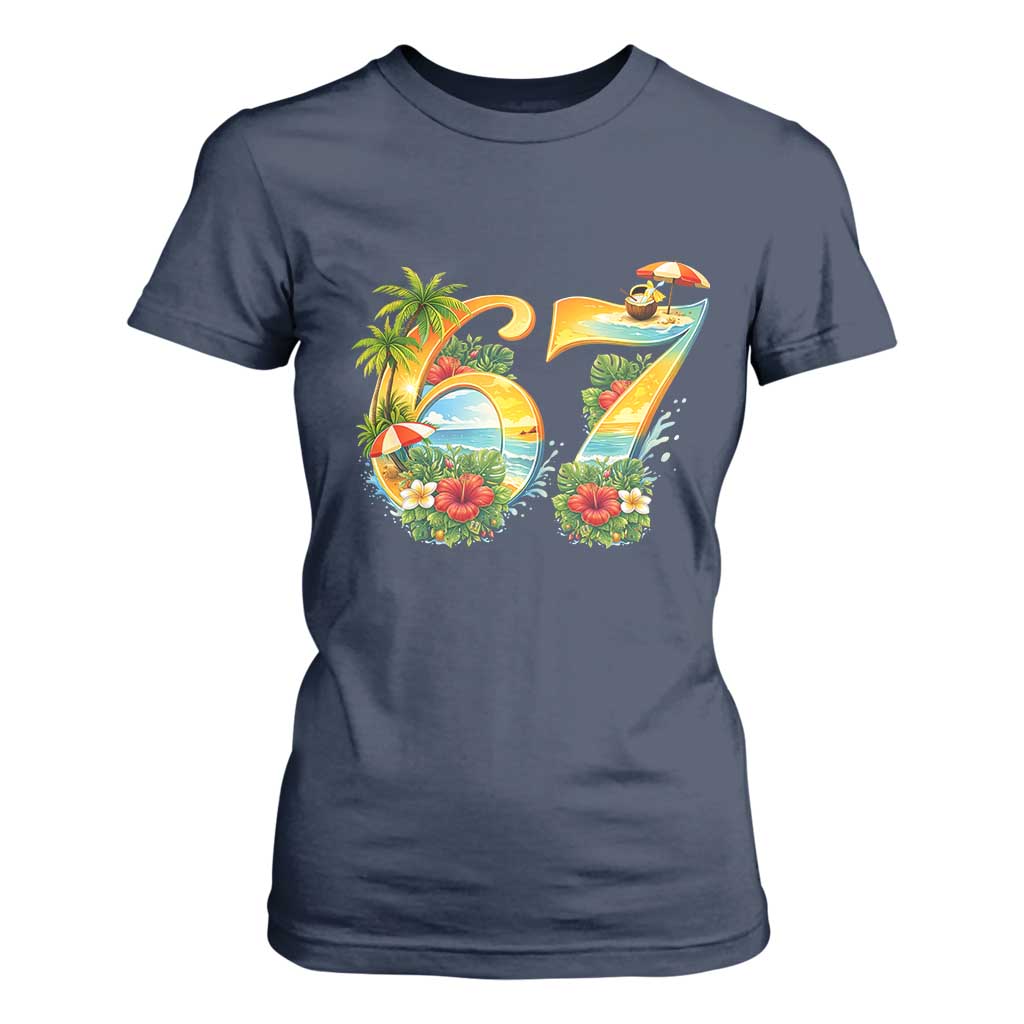 Hawaii Six Seven T Shirt For Women Tropical Hibiscus Vacation Graphic TS12 Navy Print Your Wear