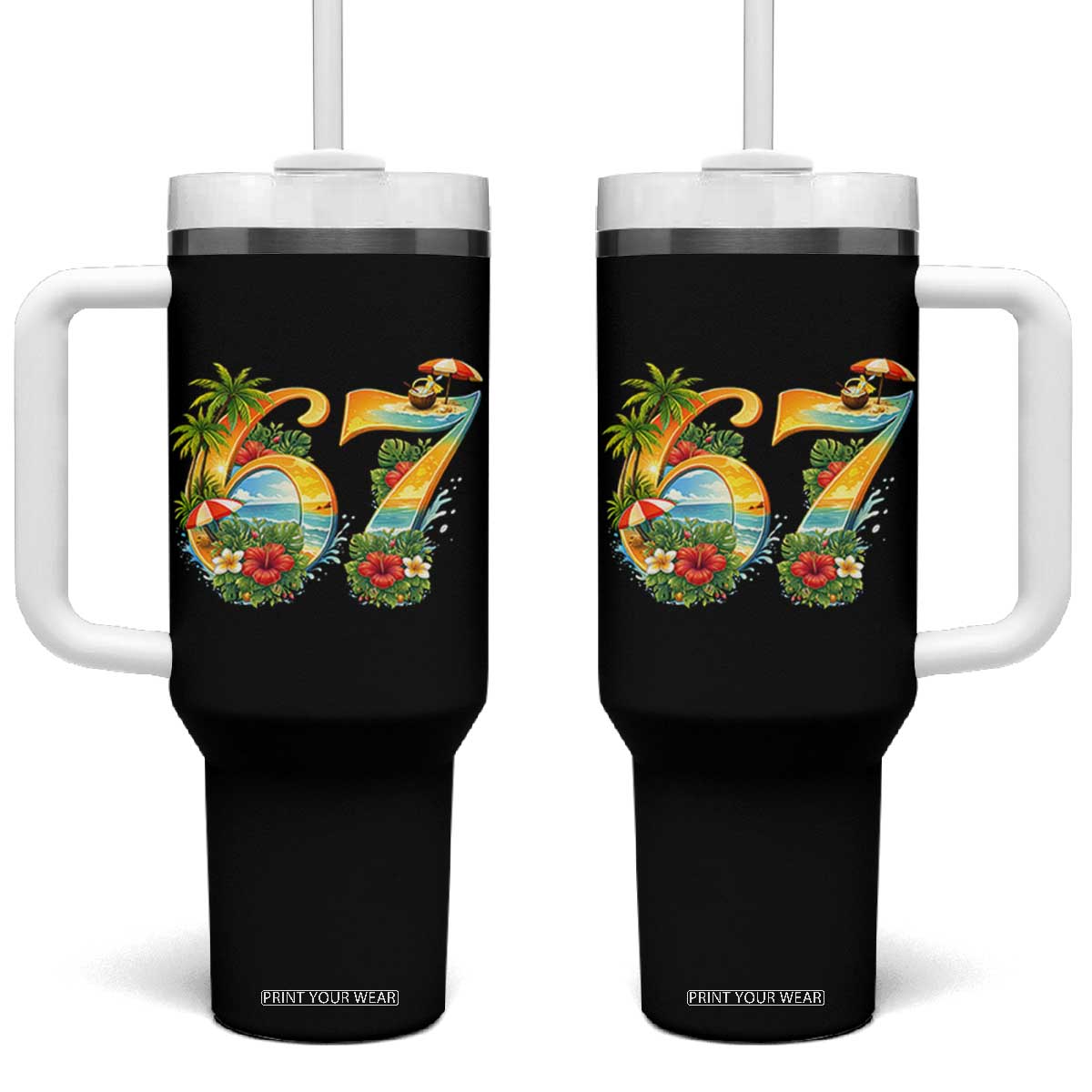 Hawaii Six Seven Tumbler With Handle Tropical Hibiscus Vacation Graphic TS12 One Size: 40 oz Black Print Your Wear