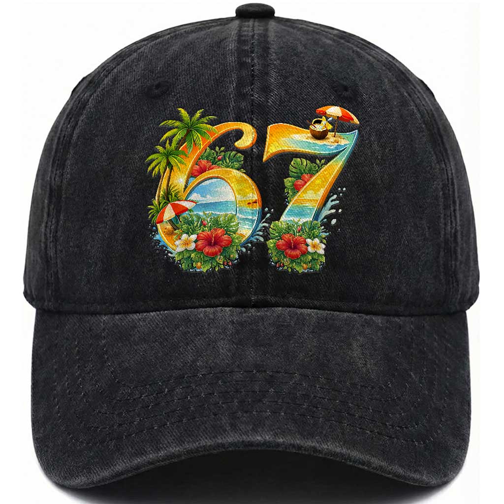 Hawaii Six Seven Washed Cotton Baseball Cap Tropical Hibiscus Vacation Graphic TS12 Print Your Wear