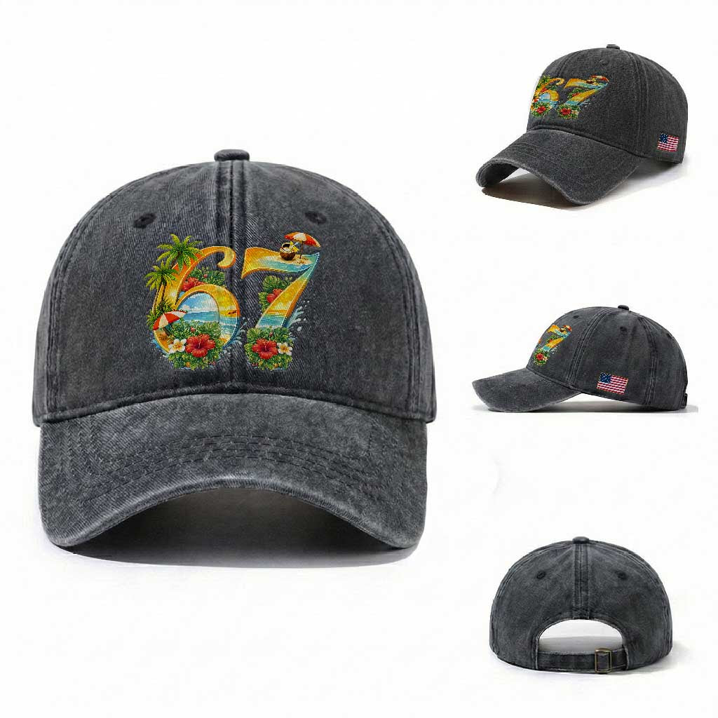 Hawaii Six Seven Washed Cotton Baseball Cap Tropical Hibiscus Vacation Graphic TS12 Washed Cap Universal Fit Dark Gray Print Your Wear