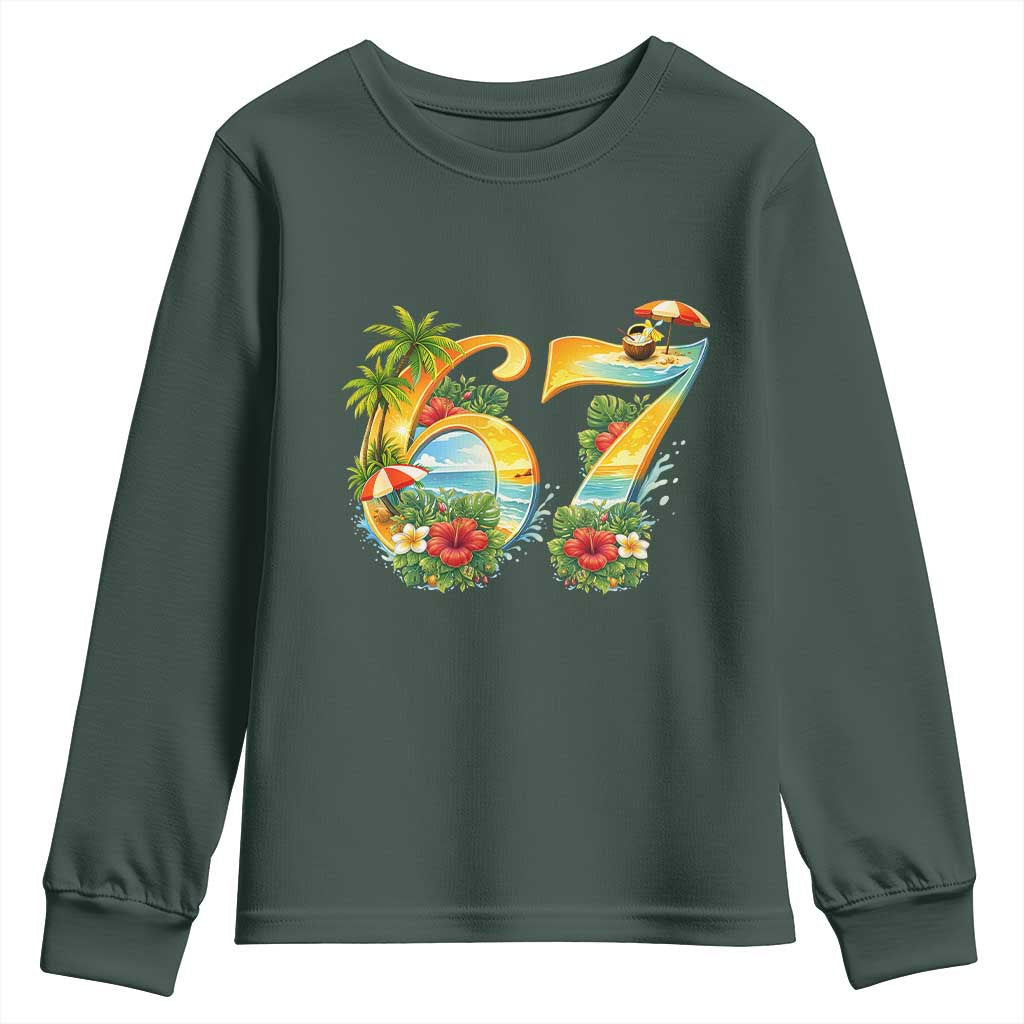 Hawaii Six Seven Youth Sweatshirt Tropical Hibiscus Vacation Graphic TS12 Dark Forest Green Print Your Wear