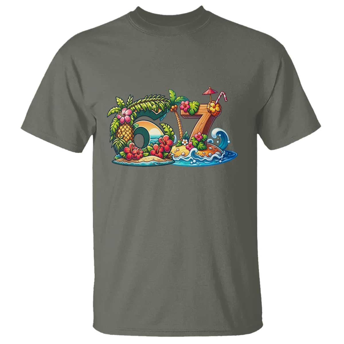 Tropical Beach Six Seven T Shirt Summer Island Vacation Graphic TS12 Military Green Print Your Wear