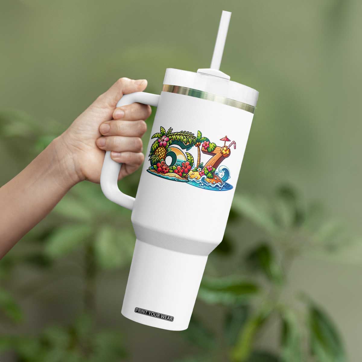 Tropical Beach Six Seven Tumbler With Handle Summer Island Vacation Graphic