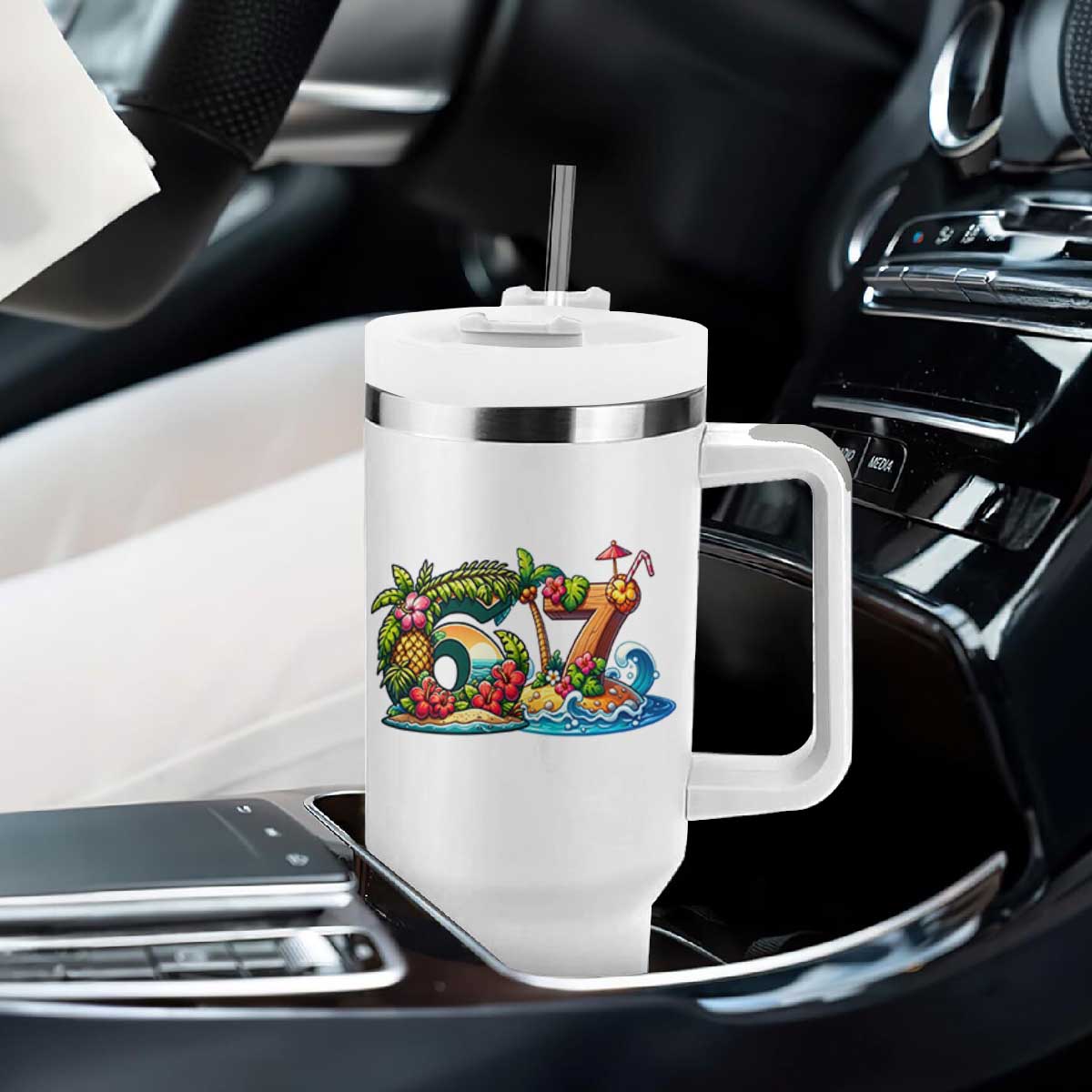 Tropical Beach Six Seven Tumbler With Handle Summer Island Vacation Graphic