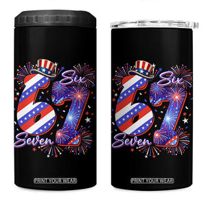 Patriotic Six Seven 4 in 1 Can Cooler Tumbler Red White And Blue Fireworks Graphic