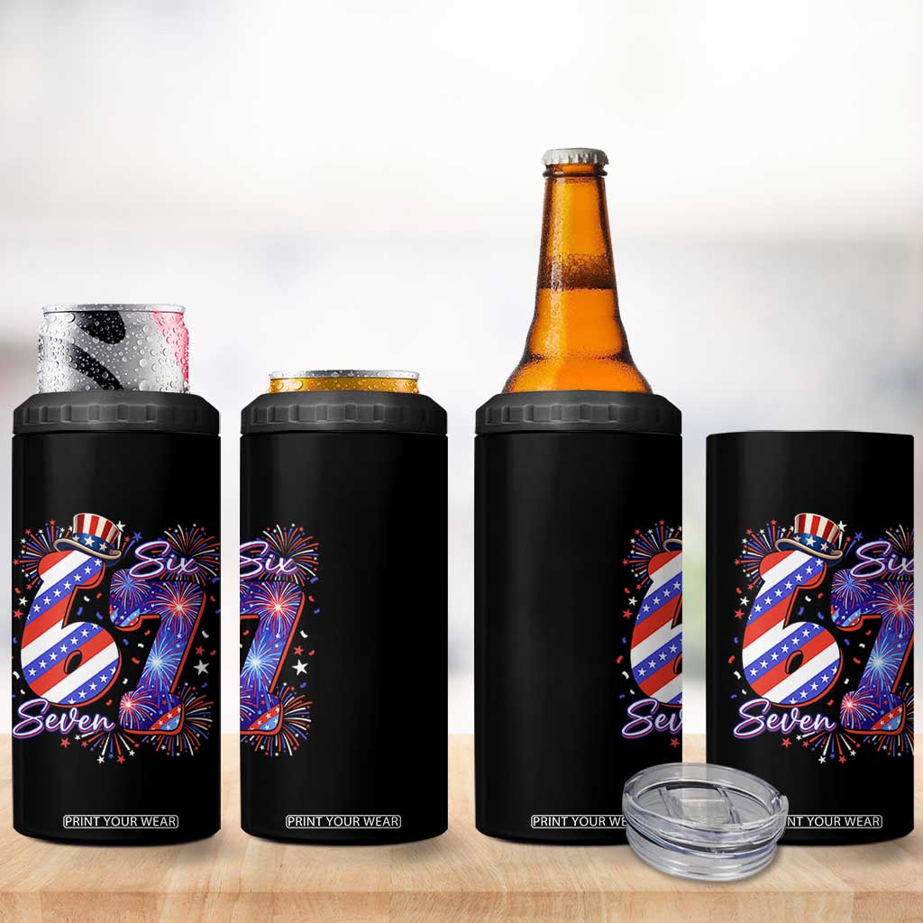 Patriotic Six Seven 4 in 1 Can Cooler Tumbler Red White And Blue Fireworks Graphic