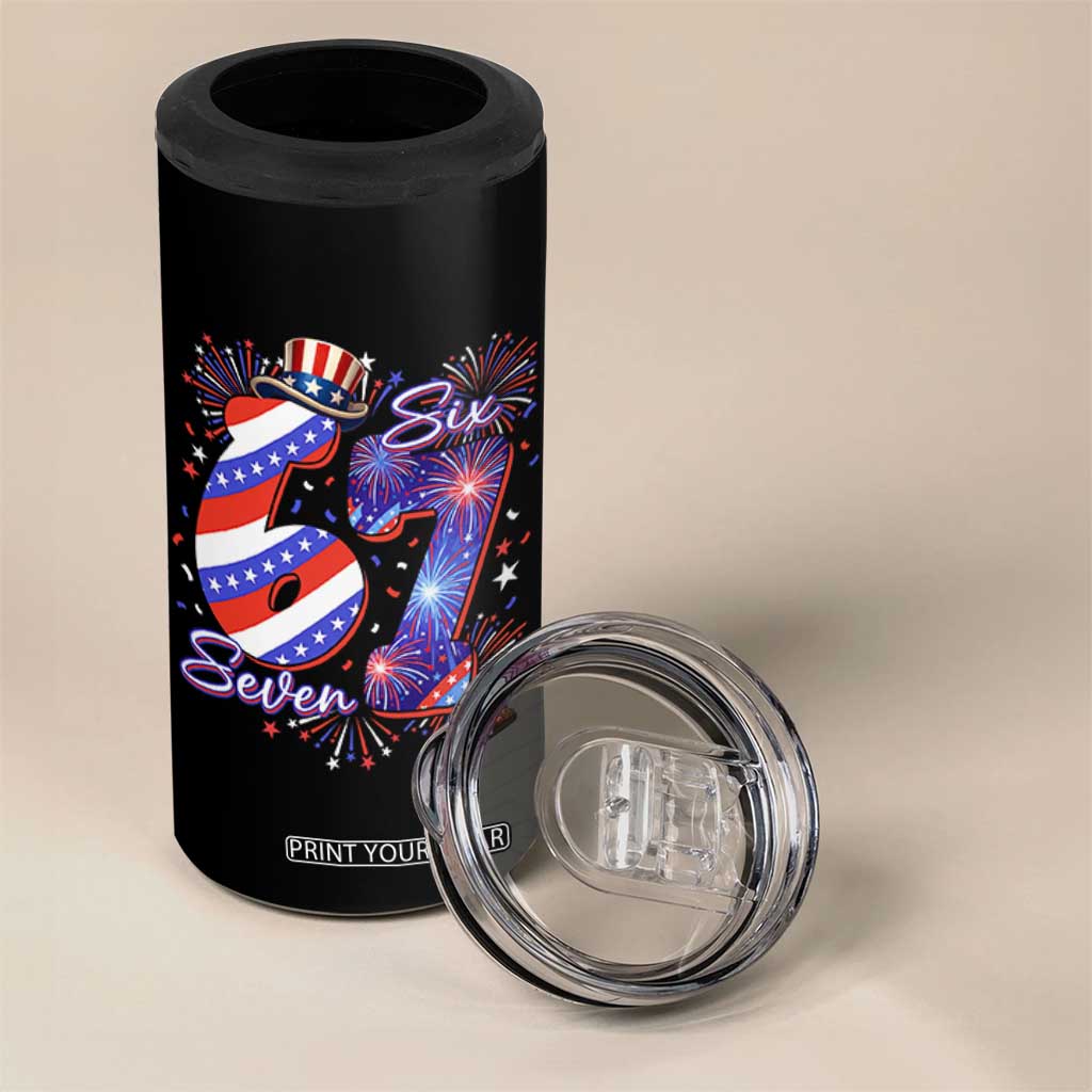 Patriotic Six Seven 4 in 1 Can Cooler Tumbler Red White And Blue Fireworks Graphic
