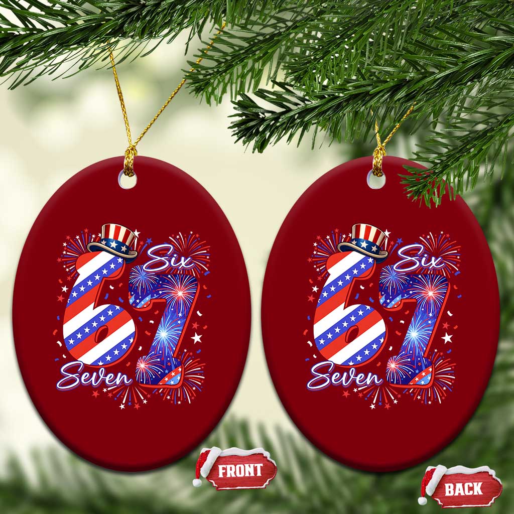 Patriotic Six Seven Ceramic Ornament Red White And Blue Fireworks Graphic