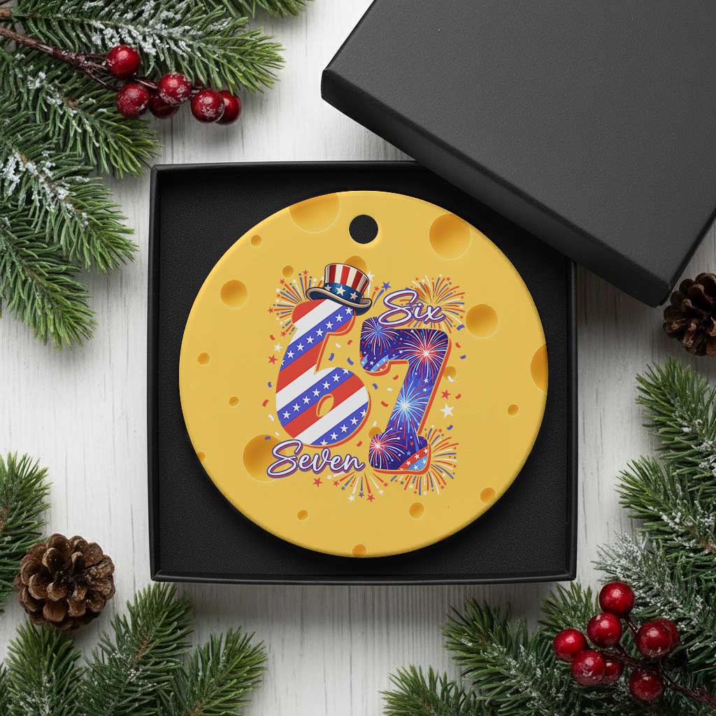Patriotic Six Seven Ceramic Ornament Red White And Blue Fireworks Graphic