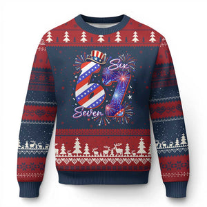 Patriotic Six Seven Ugly Christmas Sweater Red White And Blue Fireworks Graphic