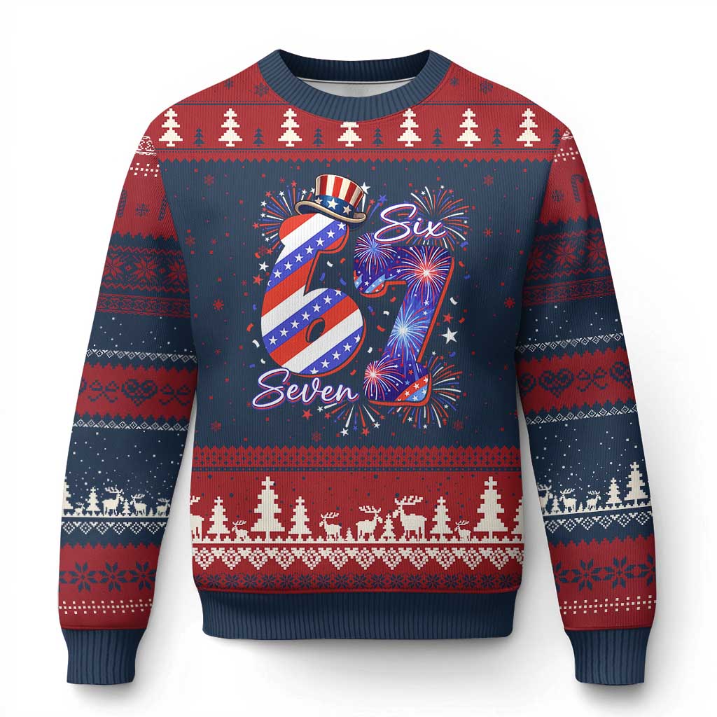 Patriotic Six Seven Ugly Christmas Sweater Red White And Blue Fireworks Graphic TS12 Navy Red Print Your Wear