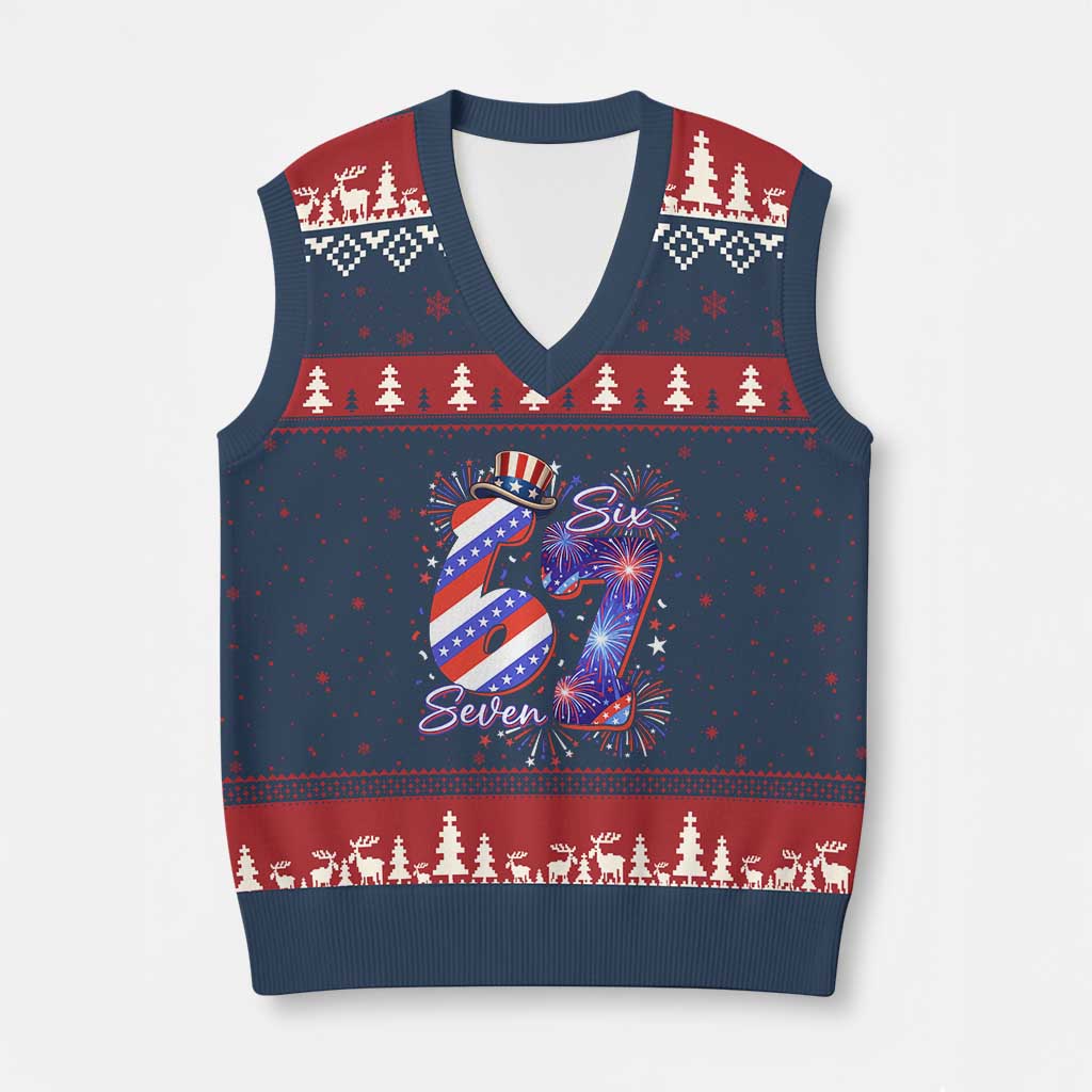 Patriotic Six Seven V-Neck Knit Sweater Vest Red White And Blue Fireworks Graphic TS12 Navy Red Print Your Wear