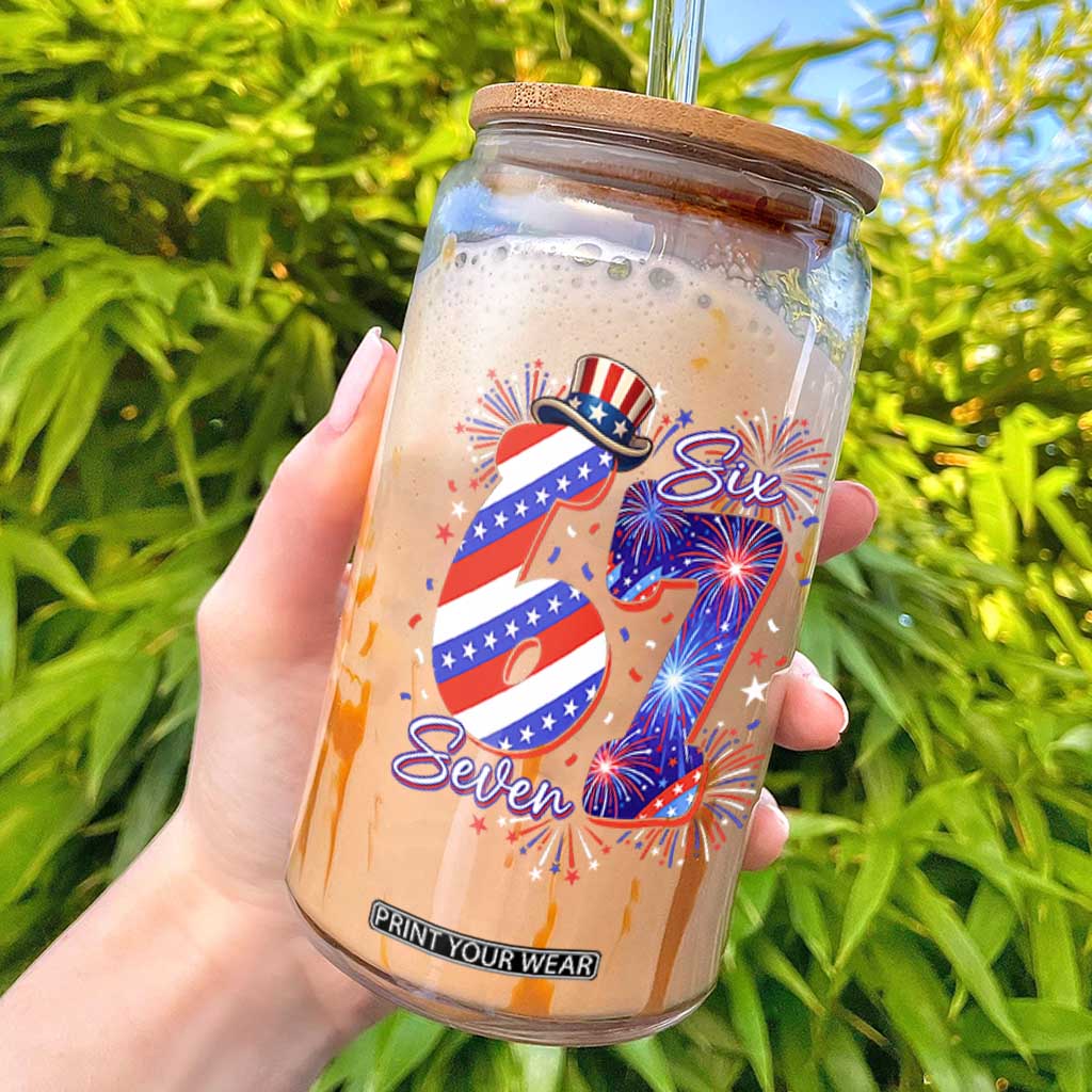 Patriotic Six Seven Glass Can Red White And Blue Fireworks Graphic