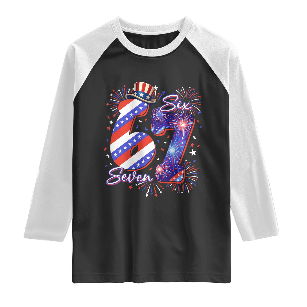 Patriotic Six Seven Raglan Shirt Red White And Blue Fireworks Graphic