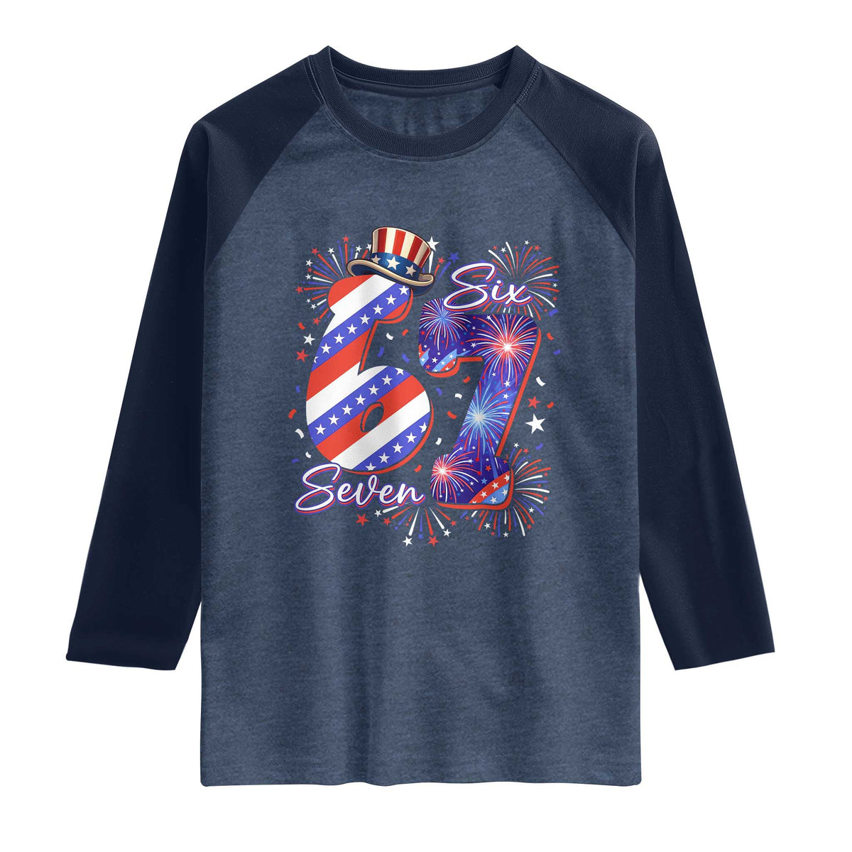 Patriotic Six Seven Raglan Shirt Red White And Blue Fireworks Graphic
