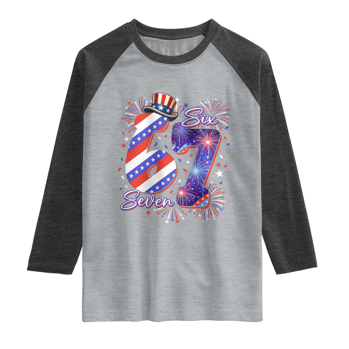 Patriotic Six Seven Raglan Shirt Red White And Blue Fireworks Graphic