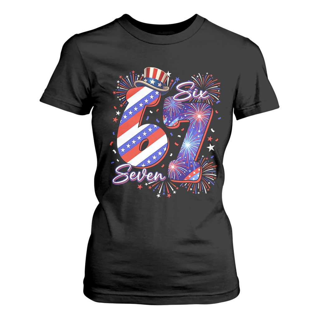 Patriotic Six Seven T Shirt For Women Red White And Blue Fireworks Graphic