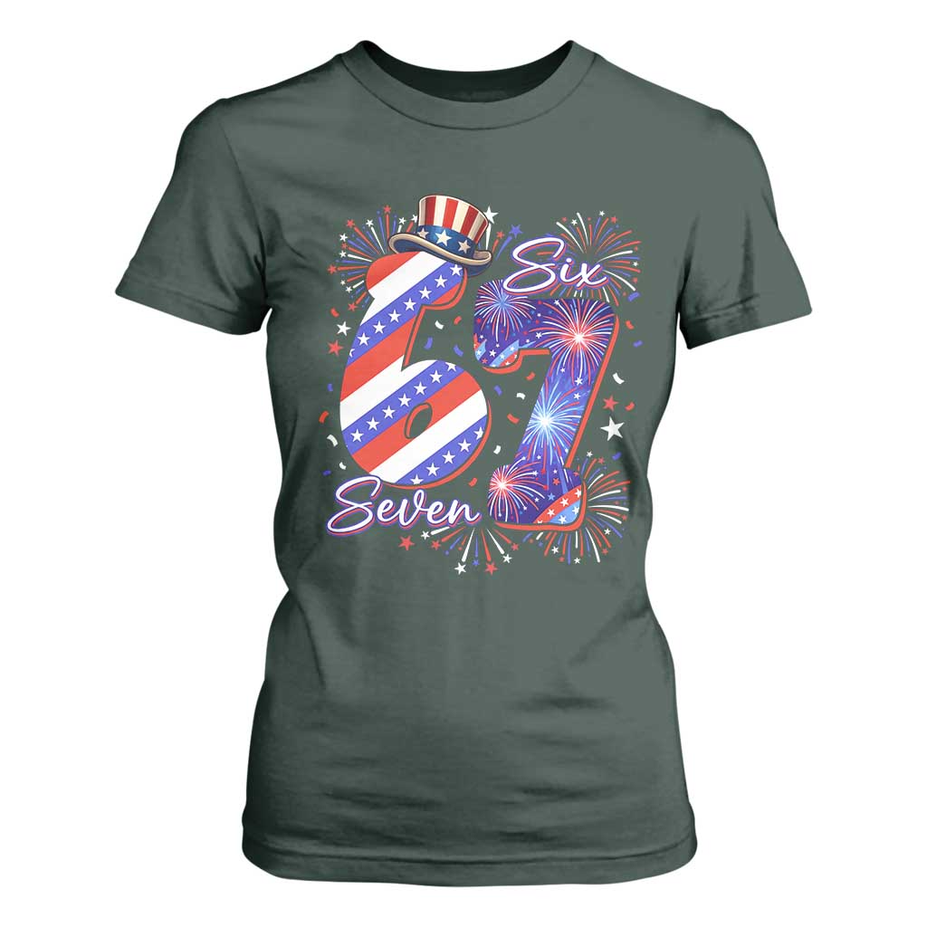 Patriotic Six Seven T Shirt For Women Red White And Blue Fireworks Graphic