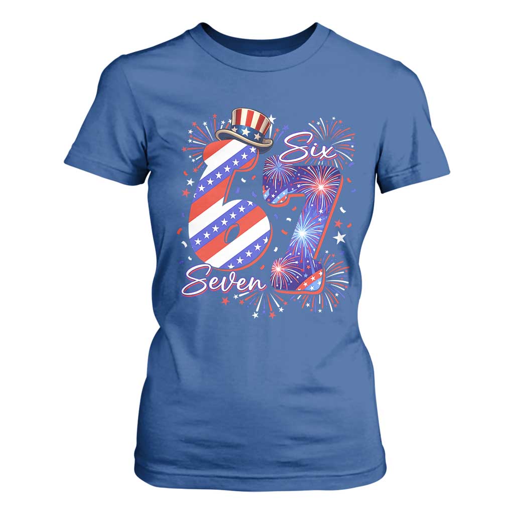 Patriotic Six Seven T Shirt For Women Red White And Blue Fireworks Graphic