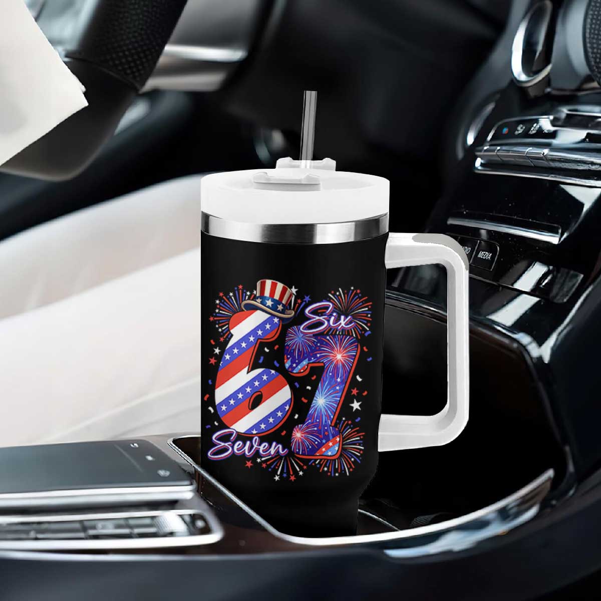 Patriotic Six Seven Tumbler With Handle Red White And Blue Fireworks Graphic