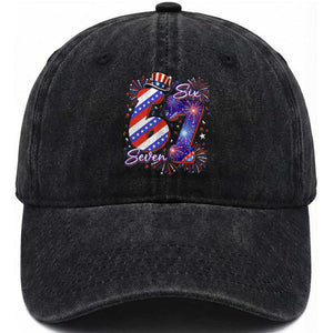 Patriotic Six Seven Washed Cotton Baseball Cap Red White And Blue Fireworks Graphic