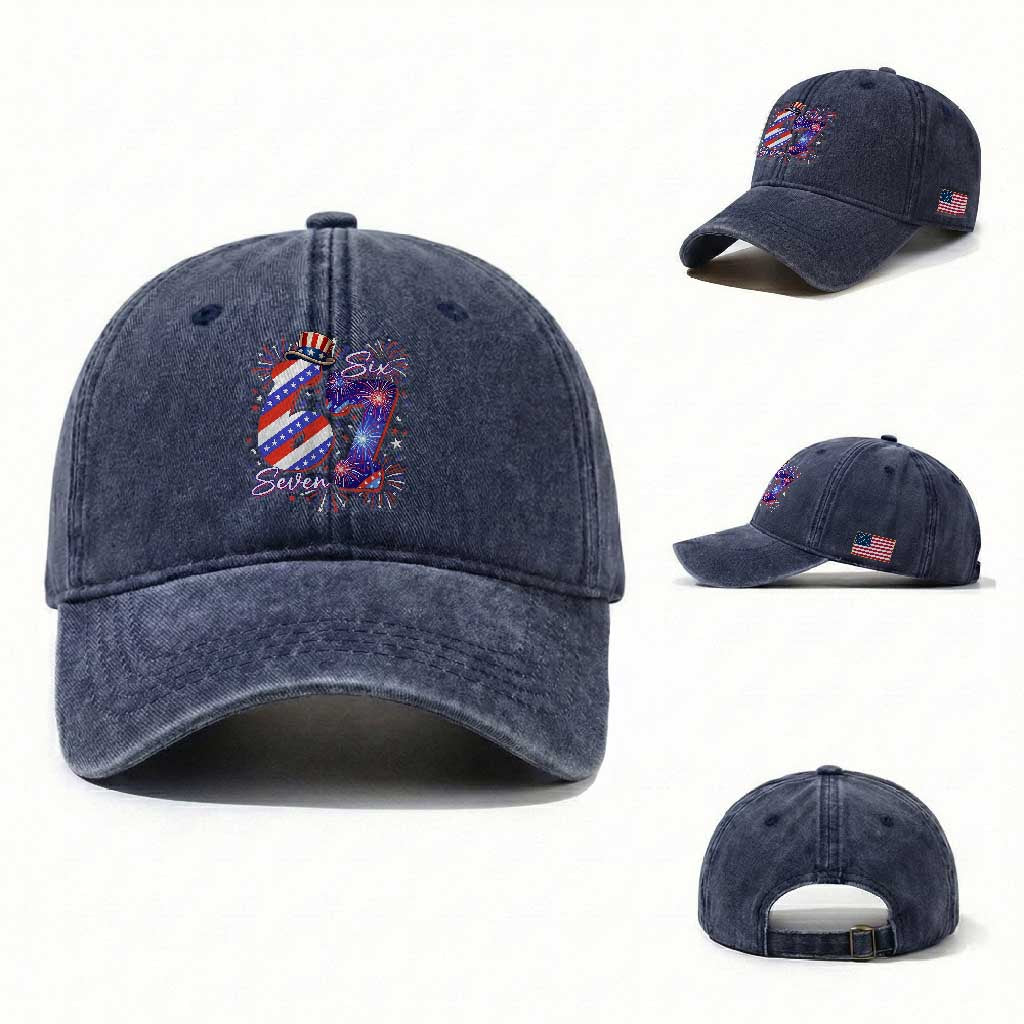 Patriotic Six Seven Washed Cotton Baseball Cap Red White And Blue Fireworks Graphic