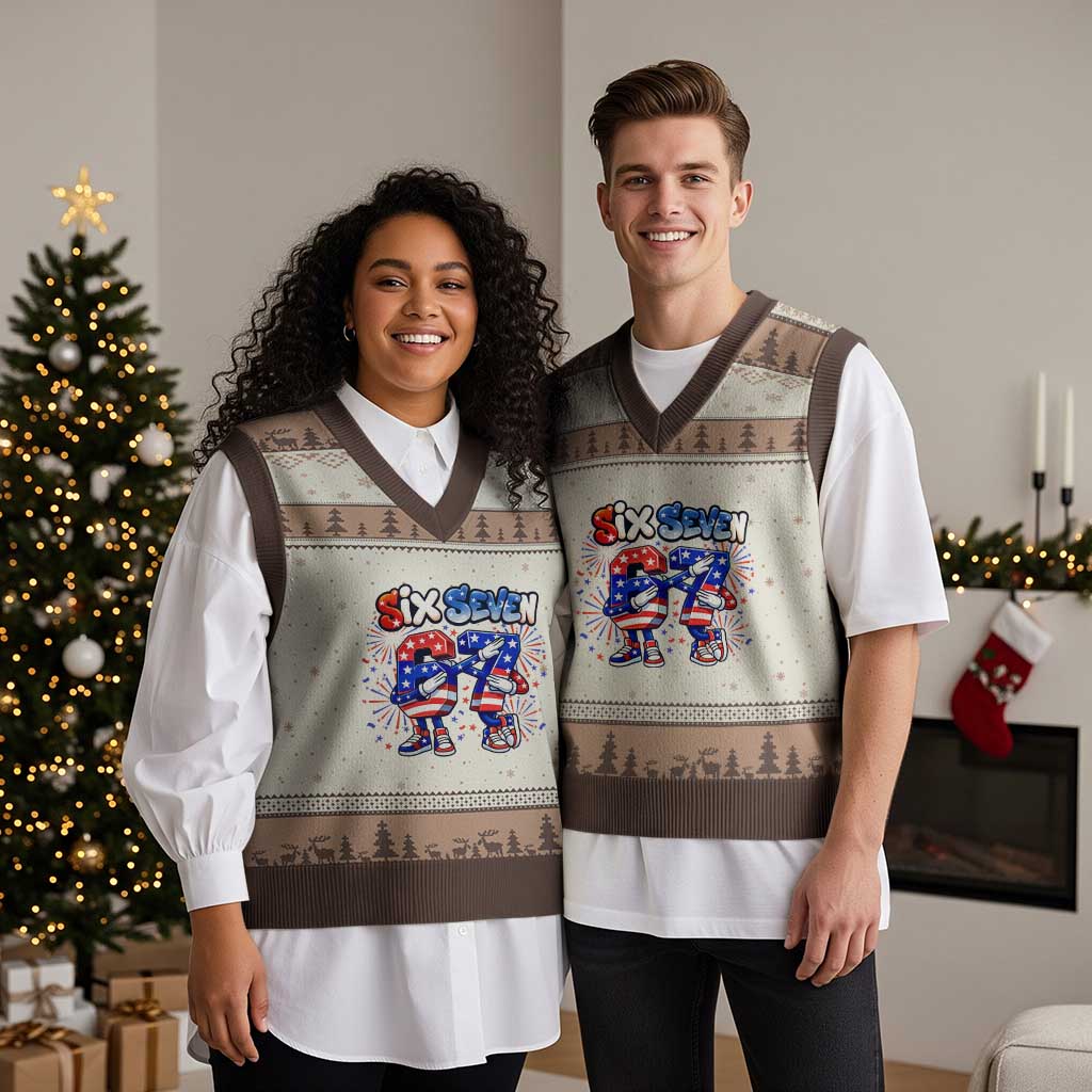Funny Six Seven Dabbing V-Neck Knit Sweater Vest Patriotic American Pride Gift