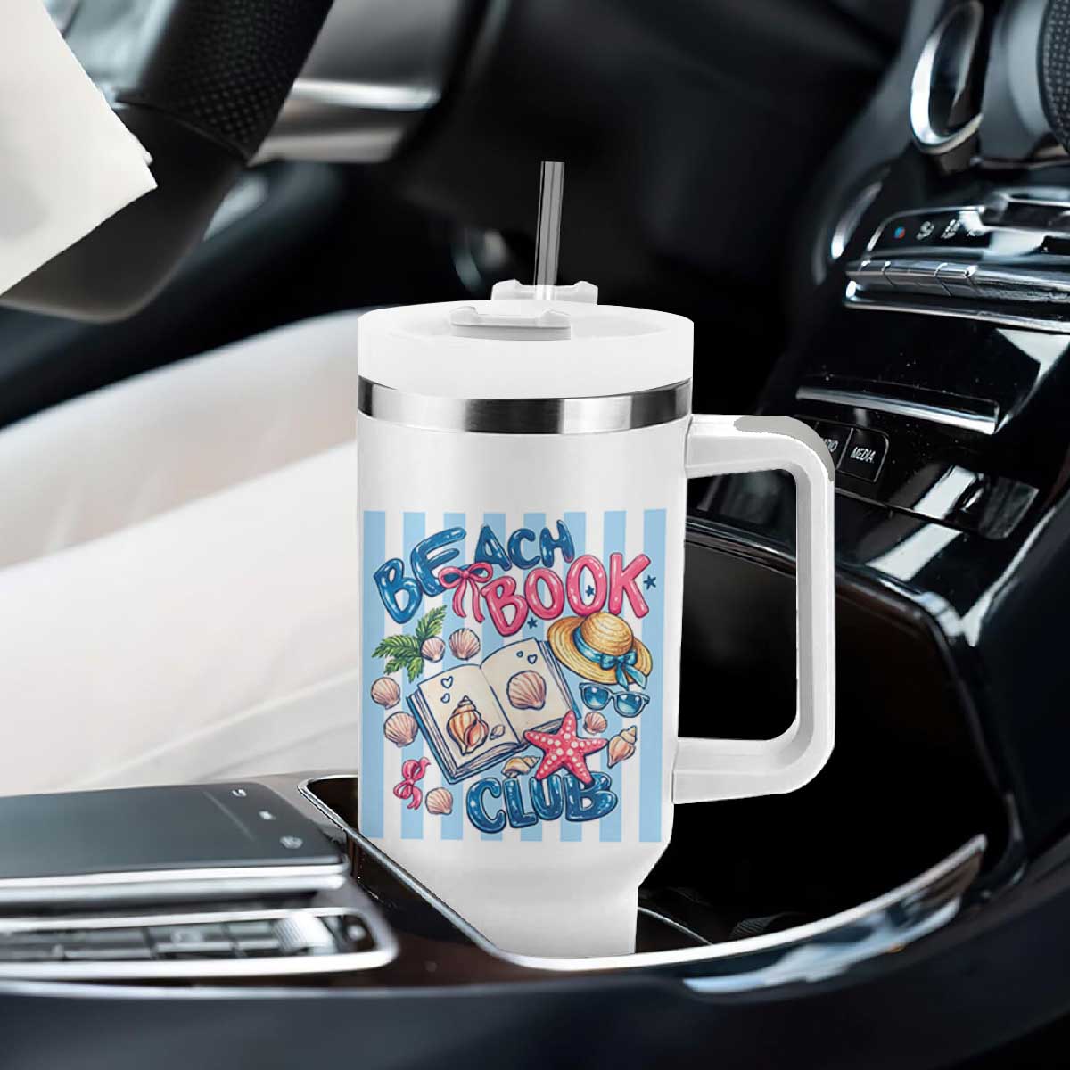 Beach Book Club Tumbler With Handle Bookworm Summer Vacation Graphic