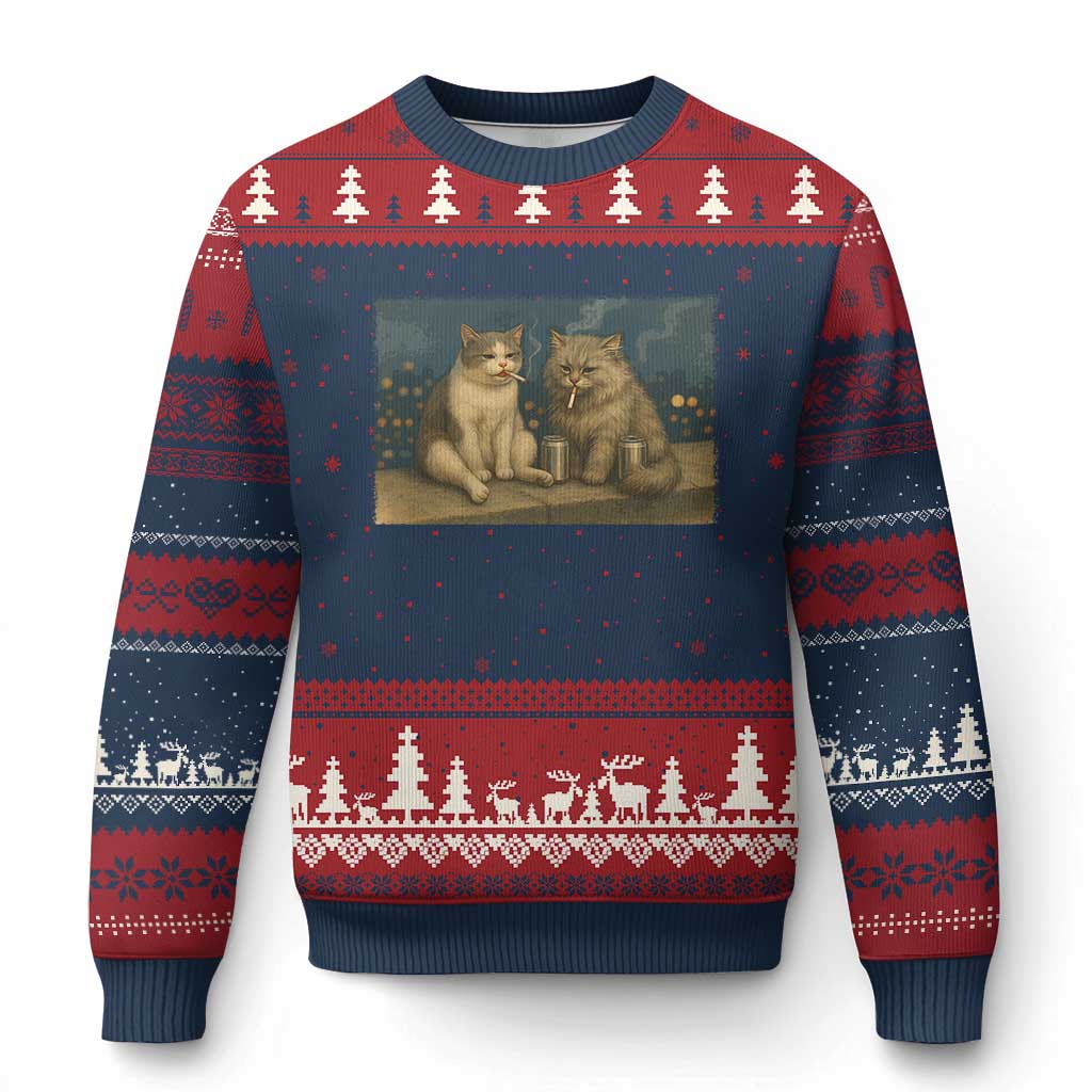 Funny Smoking Cat Ugly Christmas Sweater Meme Cool Kitten With Cigarette TS12 Navy Red Print Your Wear