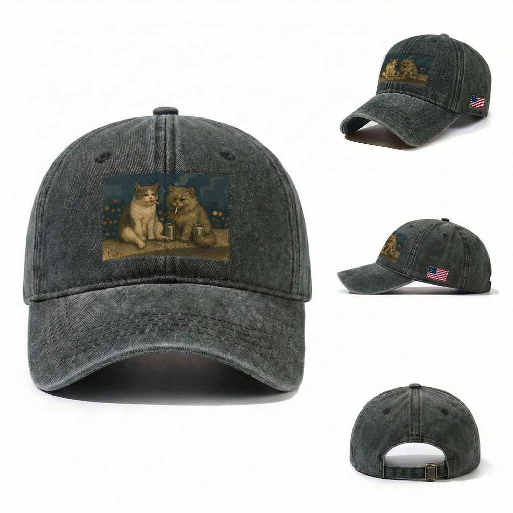 Funny Smoking Cat Washed Cotton Baseball Cap Meme Cool Kitten With Cigarette TS12 Washed Cap Universal Fit Dark Green Print Your Wear