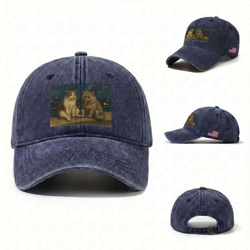 Funny Smoking Cat Washed Cotton Baseball Cap Meme Cool Kitten With Cigarette TS12 Washed Cap Universal Fit Navy Print Your Wear