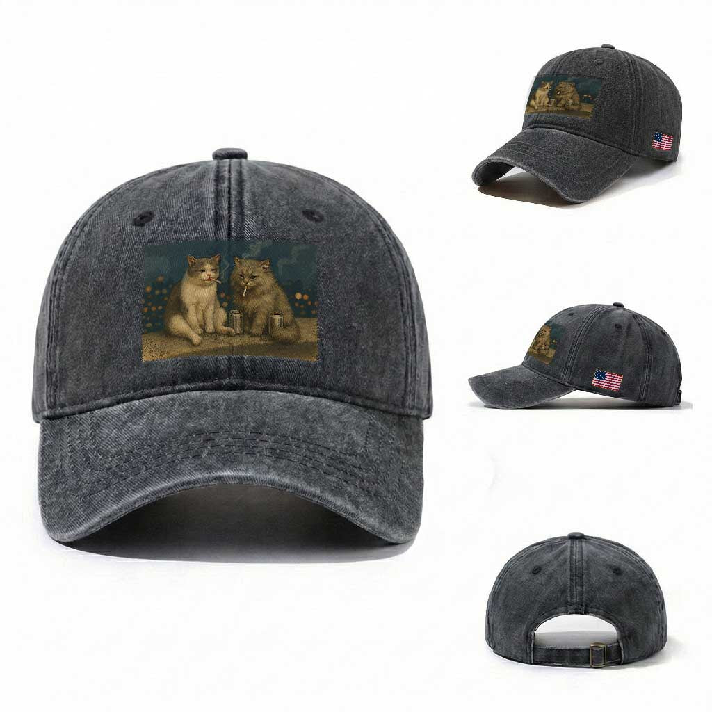 Funny Smoking Cat Washed Cotton Baseball Cap Meme Cool Kitten With Cigarette TS12 Washed Cap Universal Fit Dark Gray Print Your Wear
