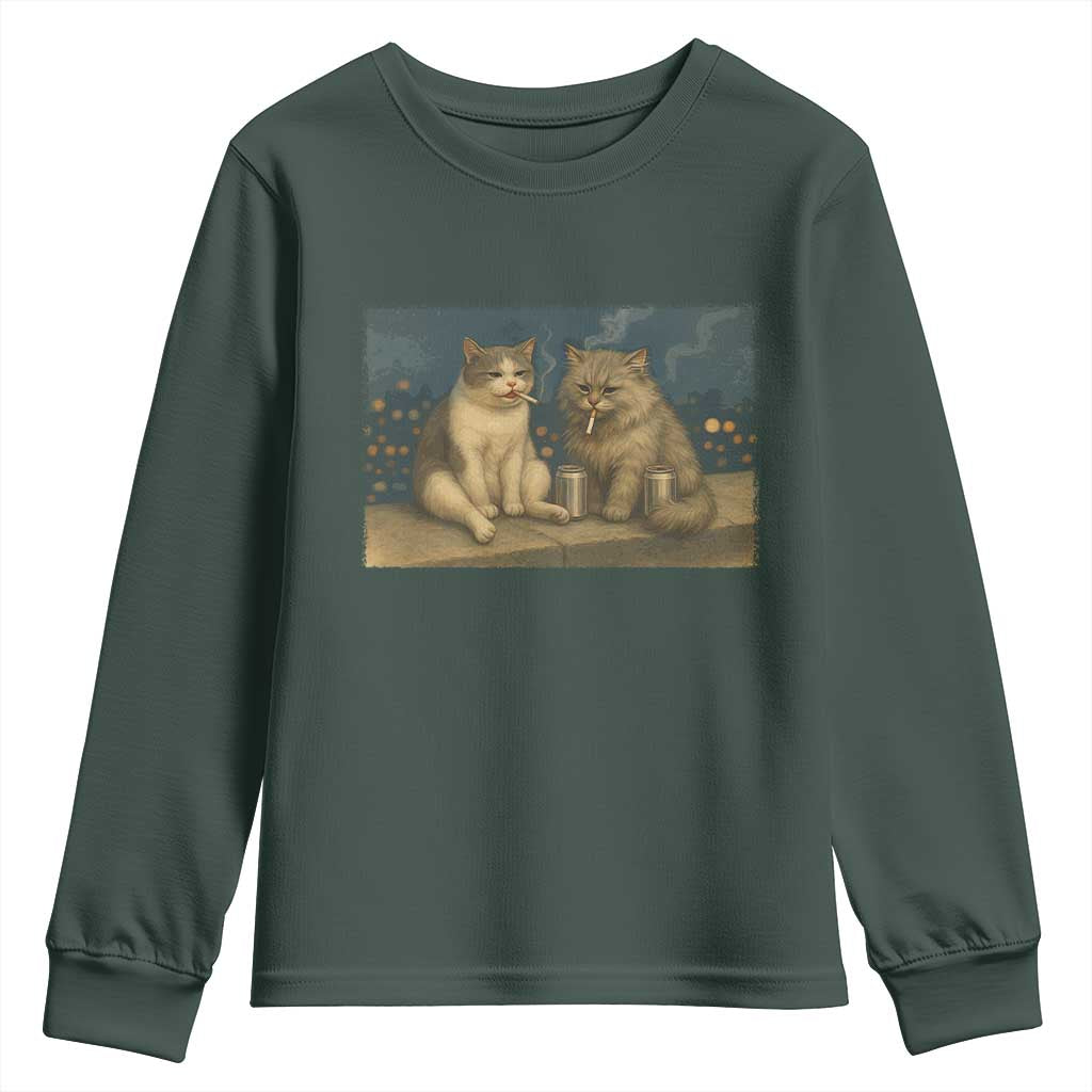 Funny Smoking Cat Youth Sweatshirt Meme Cool Kitten With Cigarette TS12 Dark Forest Green Print Your Wear