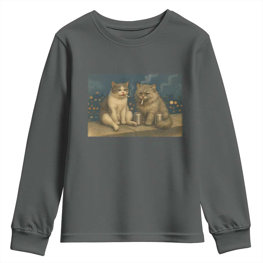 Funny Smoking Cat Youth Sweatshirt Meme Cool Kitten With Cigarette TS12 Dark Heather Print Your Wear