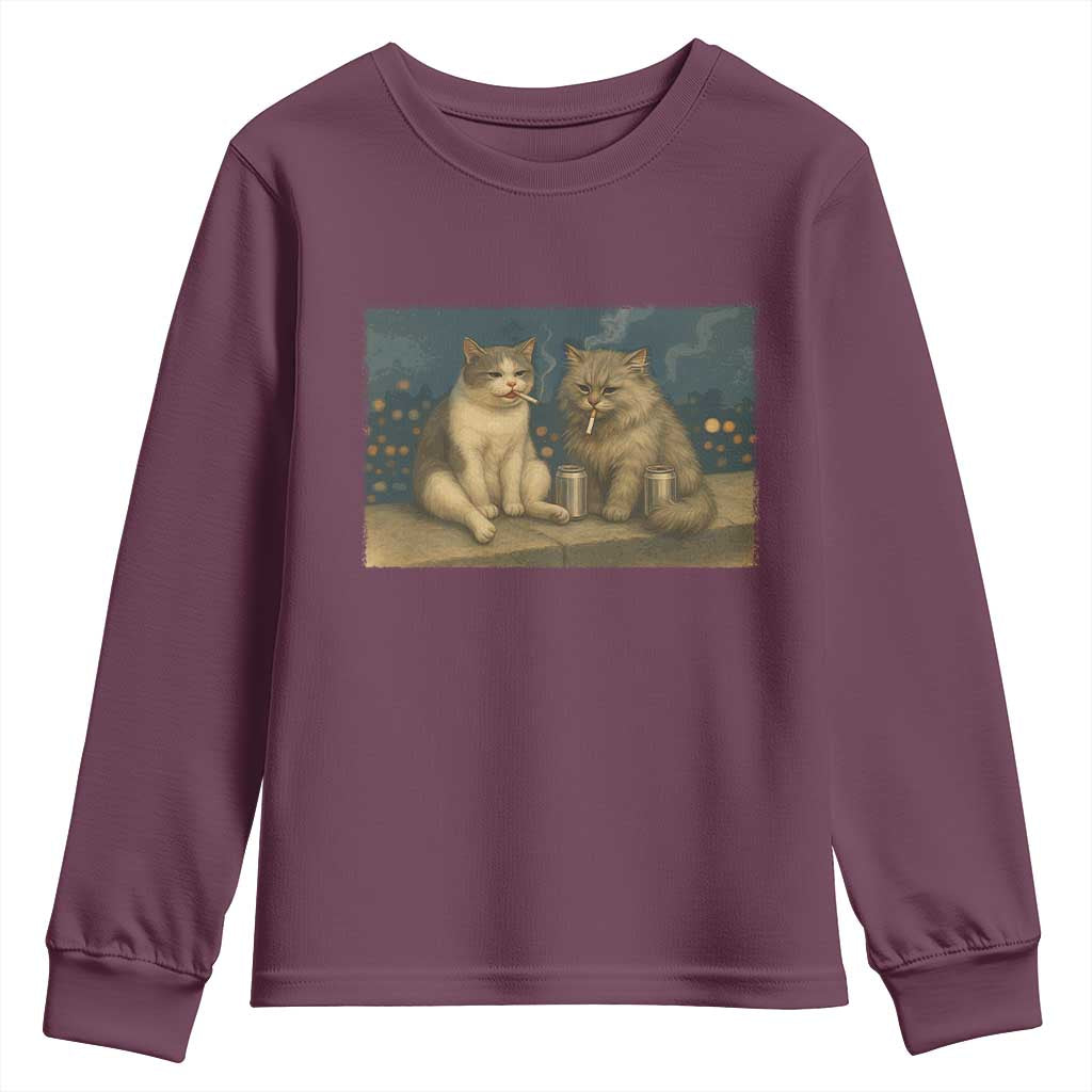Funny Smoking Cat Youth Sweatshirt Meme Cool Kitten With Cigarette TS12 Maroon Print Your Wear