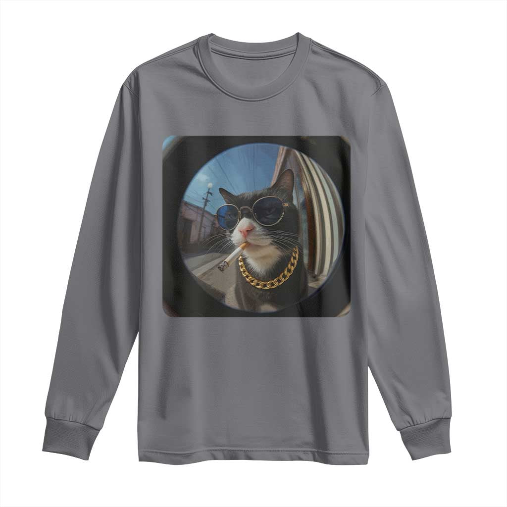 Smoking Cat Long Sleeve Shirt Meme Funny Cool Kitten TS12 Charcoal Print Your Wear